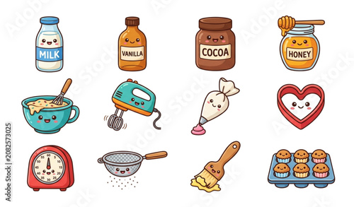 Quadro su tela Cartoon Baking Supplies Vector Collection with Mixer Cocoa Honey Cookie Cutter a