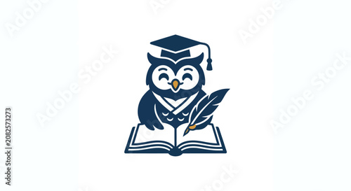 Obraz na plátně Owl wearing graduation cap reading book.