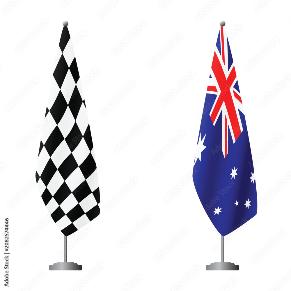 Obraz premium Checkered and Australia flags on flagpoles for official ceremonies and meetings, transparent background vector