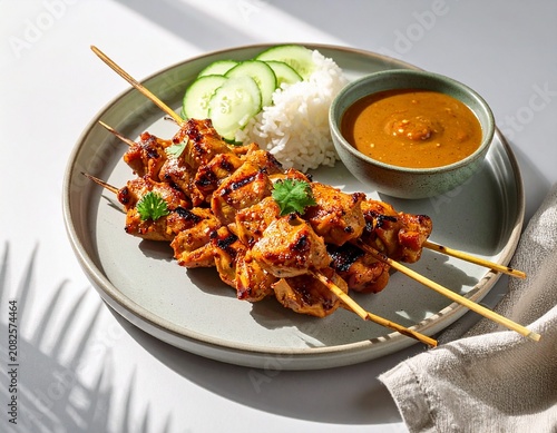 Traditional Indonesian Satay with Rice and Fresh Cucumber