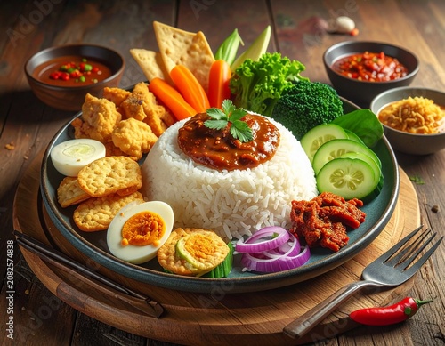 Healthy Indonesian Rice Meal with Fresh Vegetables and Spicy Sambal