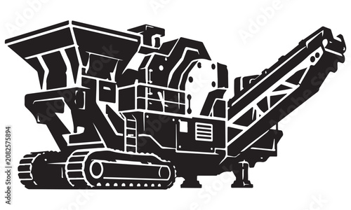 Quadro su tela Rock Crusher silhouette, crushing plant machine, vector isolated on white