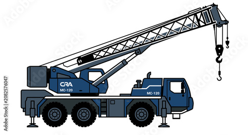 Fotografie Large machine lifts heavy material using an extended crane arm on a construction
