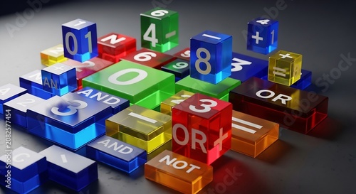 Colorful Logic Cubes and Symbols Representing Mathematical Operations and Concepts.