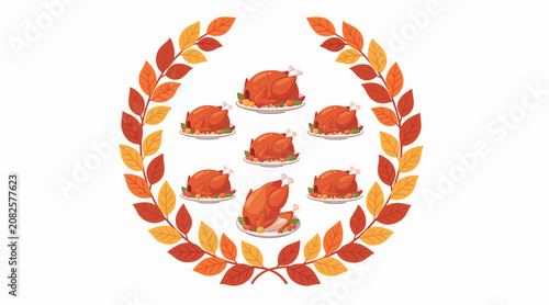 Autumn Wreath with Roasted Turkeys and Garnish - Festive Holiday Design