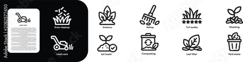 Gardening and Landscaping Icons Set, Lawn care , Mulching , Yard waste, Leaf litter, Grass clippings, Greenery, Raking Turf quality, Soil health
