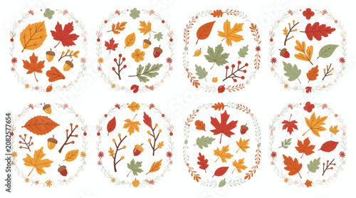 Autumn Wreaths with Maple Leaves, Acorns, Berries, Seasonal Elements