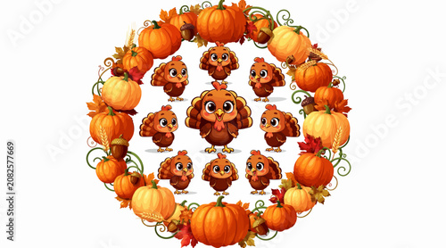 Autumnal circle of cute bears and pumpkins