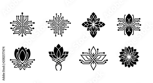 Collection of abstract floral and circuit board inspired logos.