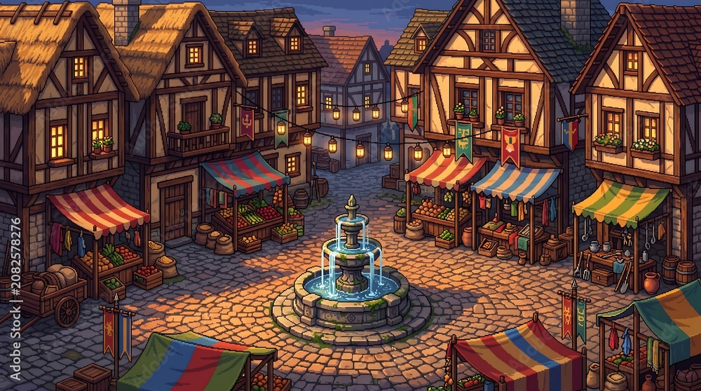 Obraz premium Detailed pixel art scene featuring a quaint medieval village market square fountain on white background