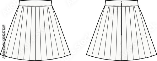 Photography Cad drawing of pleated skirt designs with waistband and zipper