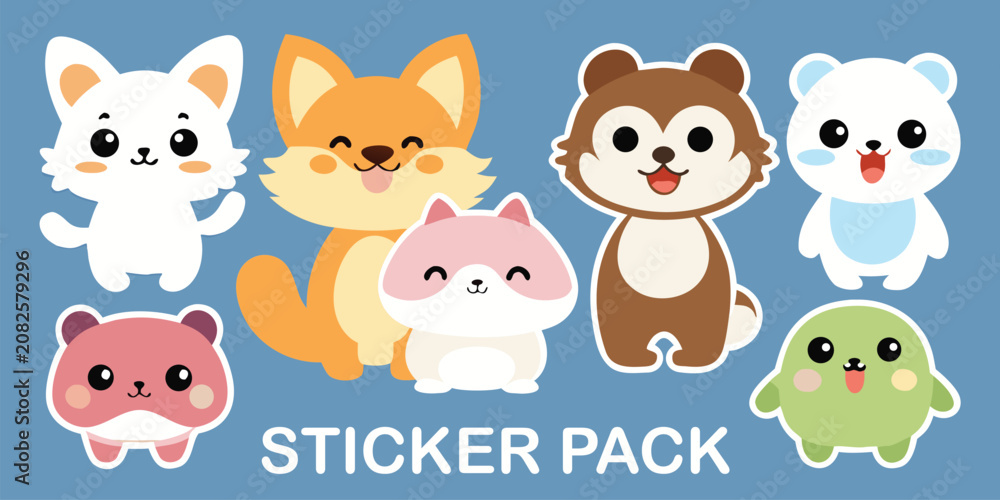 Fototapeta premium Cute animal sticker pack featuring flat vector characters of fox cat bear and panda on blue background