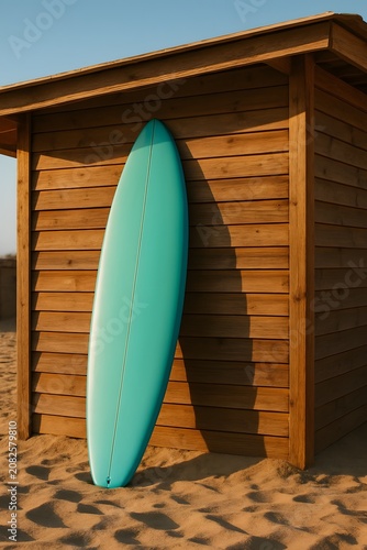 Turquoise surfboard leaning against wooden beach hut on sand