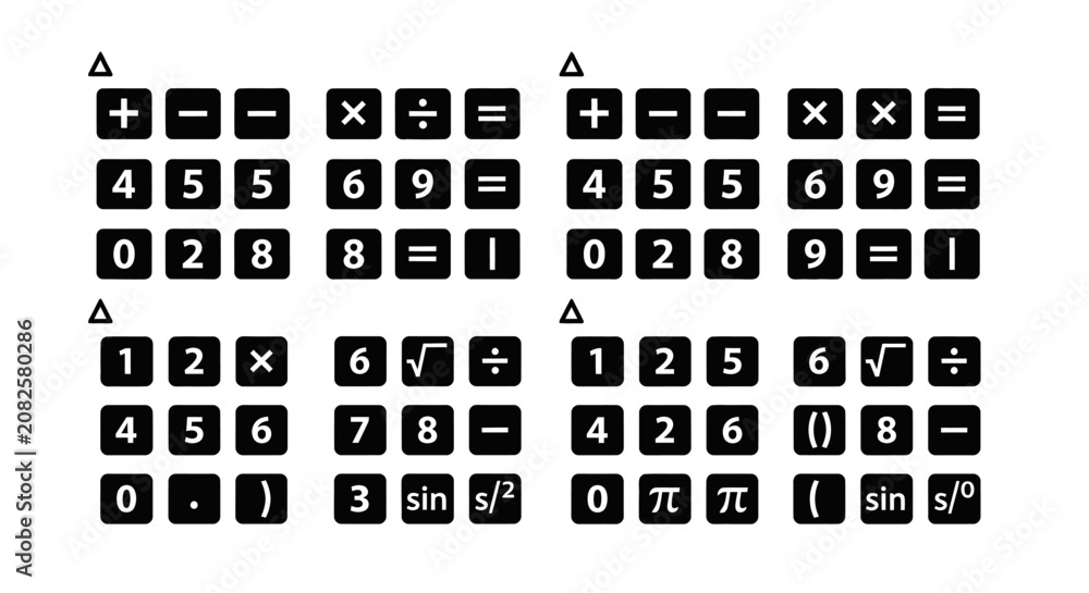 Obraz premium Four calculator keypads showing mathematical operations and numbers.