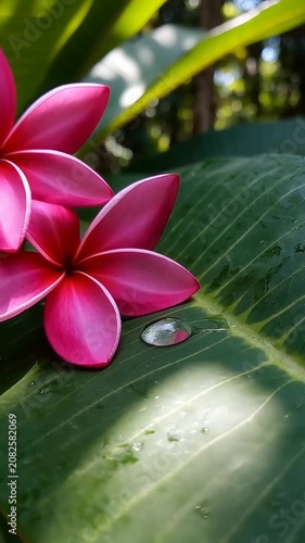 Vibrant plumeria petals resting on wet leaf