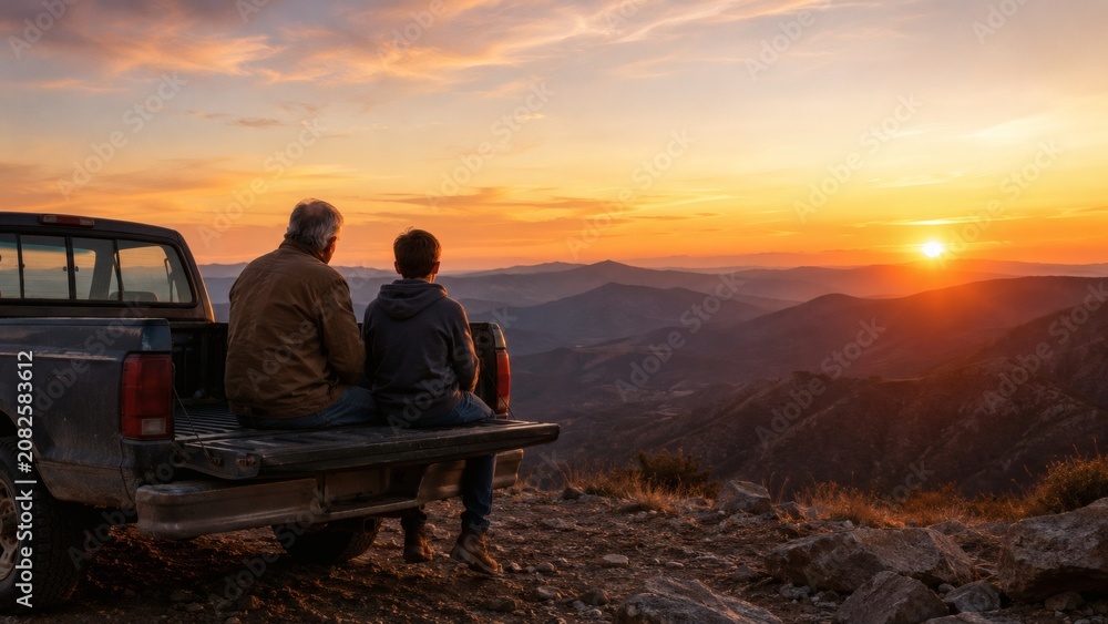 Fototapeta premium Two men sitting on pickup truck bed watching breathtaking sunset over mountain range landscape