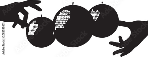 Black and white graphic silhouette of hands reaching for reflective disco balls with checkered pattern details