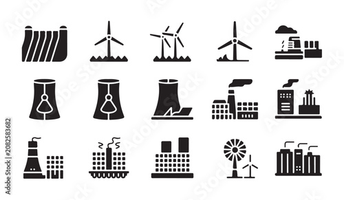 Cuadro en lienzo Collection of power generation vector icons, including hydro, wind and industrial plants