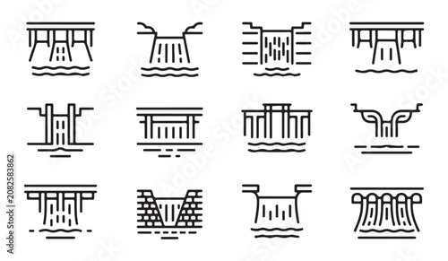 Bild auf Leinwand Outline set of hydro power dam icons for electrical energy generation and infrastructure