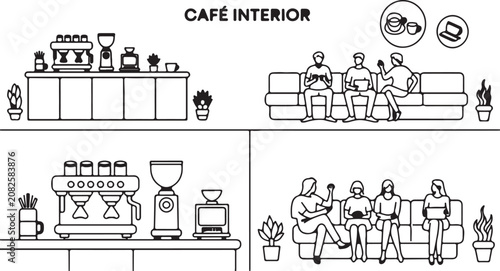 A Detailed Black and White Line Drawing Illustrating Modern Coffee Shop Interiors Featuring Barista Equipment and Social Seating Areas for Customers
