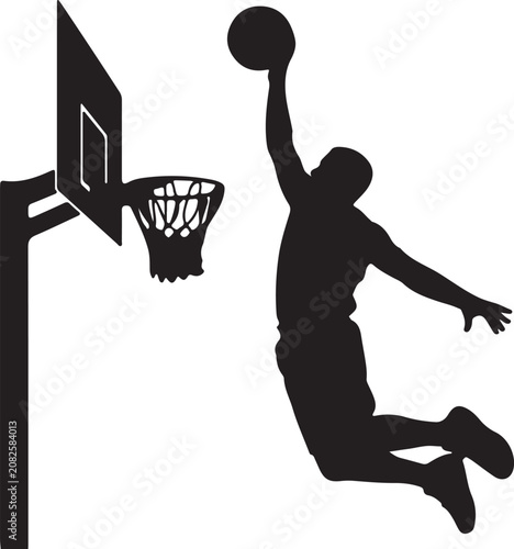 Dynamic basketball player silhouette leaping for a powerful slam dunk into the hoop clean action vector graphic for sports strategy and design