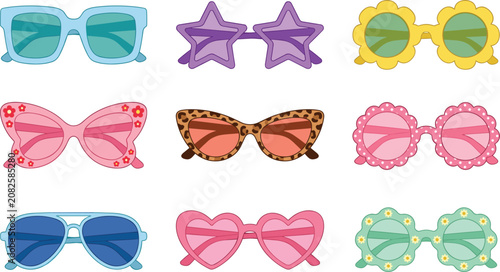 Canvastavla Cute funky colorful sunglasses set retro summer eyewear fashion icons flat carto