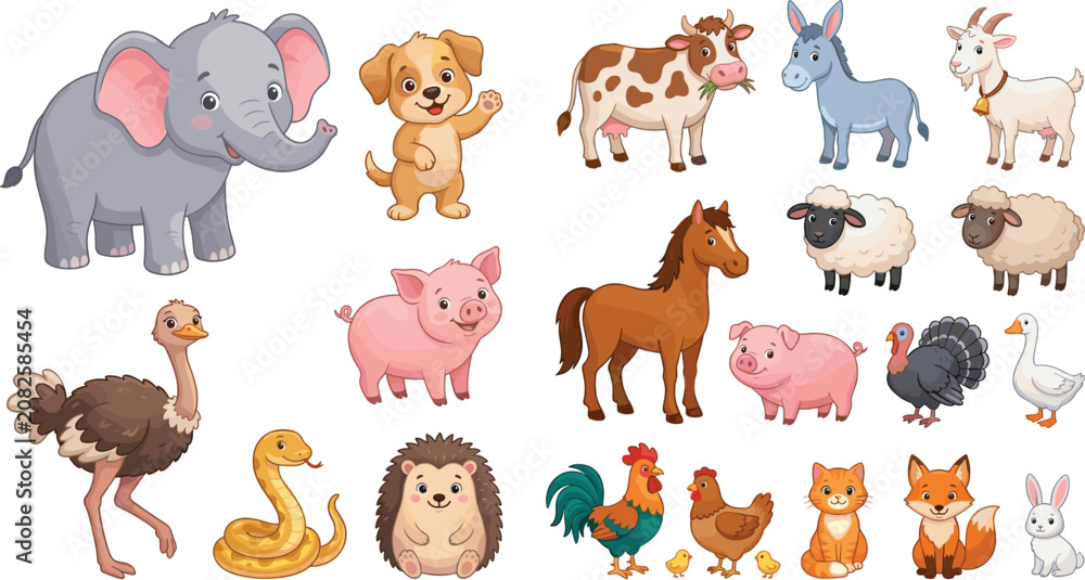 Obraz premium Cute cartoon farm and wild animals collection set flat vector illustration including horse elephant pig cow