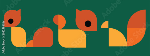 Creative minimalist vector illustration featuring three geometric squirrel icons designed with simple abstract shapes and warm earthy colors. The clean flat style makes this artwork ideal for logo des