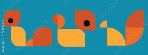 Creative minimalist vector illustration featuring three geometric squirrel icons designed with simple abstract shapes and warm earthy colors. The clean flat style makes this artwork ideal for logo des