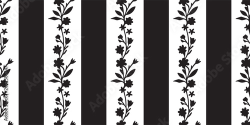 Elegant Monochrome Seamless Floral Pattern Featuring Vertical Stripes Intertwined With Delicate Botanical Vine Silhouettes for Decorative Textiles
