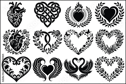 Black heart icons, floral heart shapes, swan silhouette, tattoo designs, 12 vector graphics