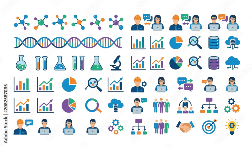 Fototapeta premium Molecule DNA Gene Structure Data Science Analytics Team Collaboration Color Icon Set Flat Vector Illustration