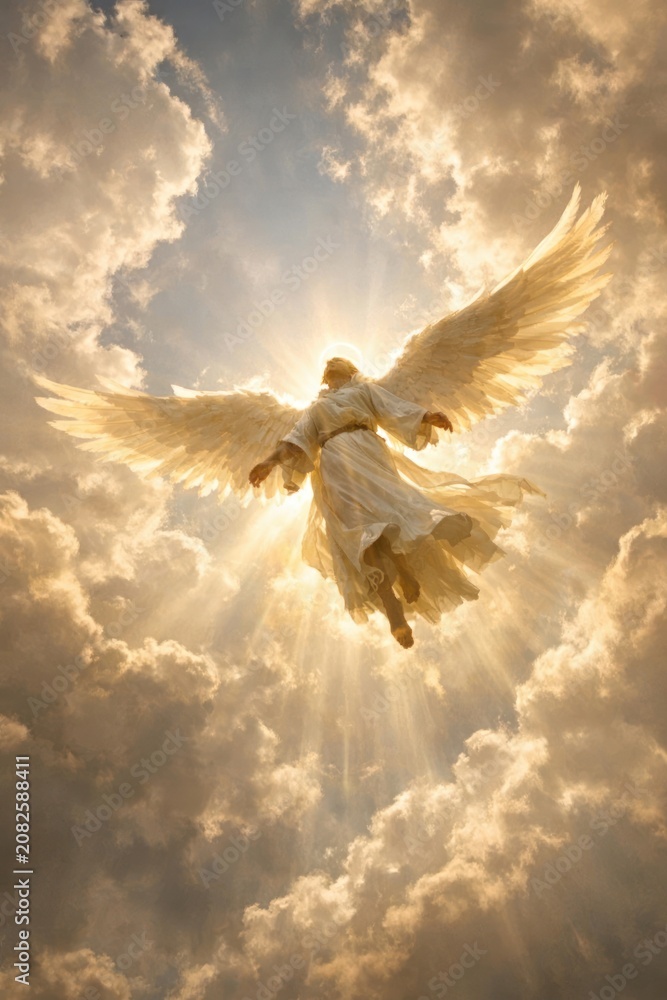 Obraz premium Heavenly angel amidst radiant clouds.