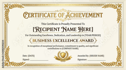 Canvastavla Certificate of Achievement, Business Excellence Award, Golden Border, Formal Rec