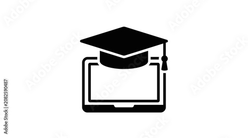A black silhouette icon representing online education with a graduation cap on a laptop screen.