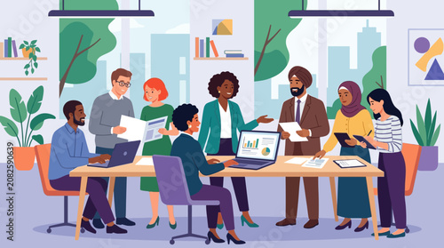 Diverse business team collaborating in modern office meeting, discussing strategy and planning