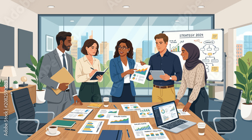 Diverse business team collaborating on a project in a modern office with city view