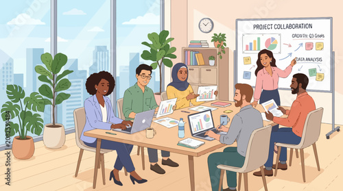 Diverse Team Collaborating on Project Strategy in Modern Office Meeting Room