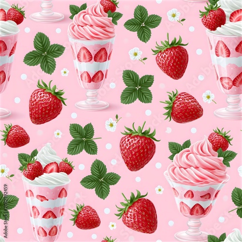 Strawberry sundae and fresh berry seamless pattern on pink with strawberry seamless icecream background delicious culinary illustration decoration wrapping wallpaper refreshment colorful