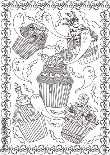 Fotografía coloring page for adult halloween cupcake with ghost line art design