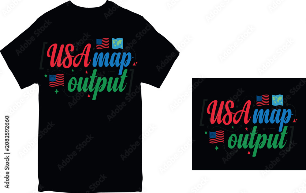 Fototapeta premium USA Map Output Colorful Typography T-Shirt Design with American Flag and Globe Icons in Red, Green, and Blue Apparel
