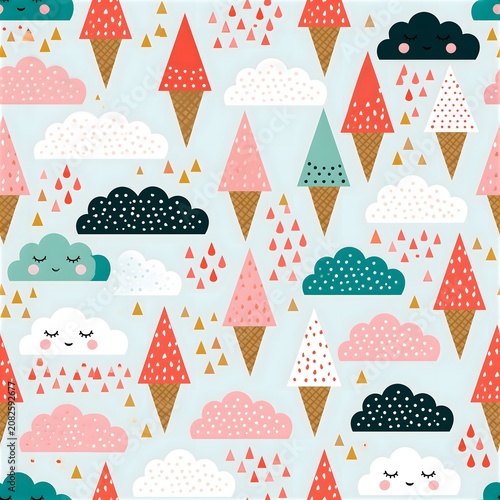 Cute seamless pattern with ice cream cones and happy rain clouds in pastel colors summer time seamless background illustration character colorful wallpaper wrapping refreshing creative
