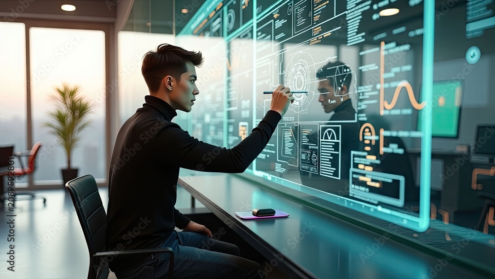 Fototapeta premium Man interacting with modern digital interface in office