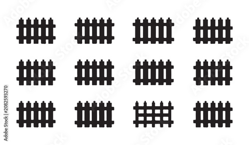 Foto Set of black fence silhouettes, various designs of wooden palisade and picket fences