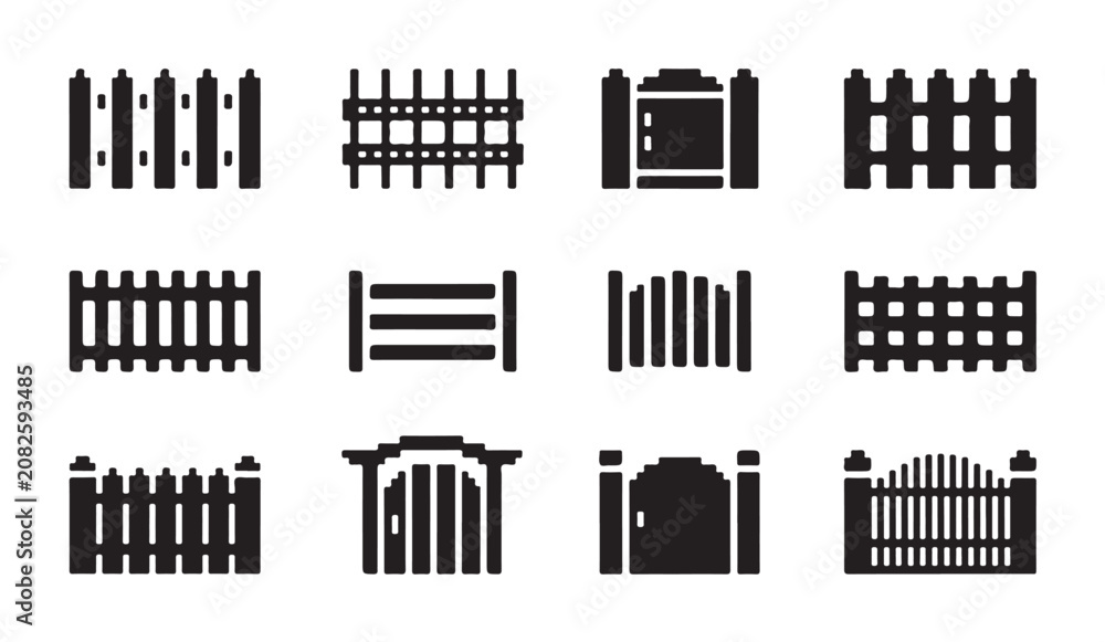 Obraz premium Graphic collection of black solid fence and gate icons for landscape design projects.