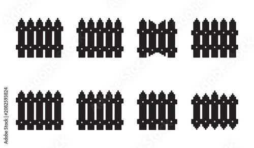Foto Eight black solid fence icons, depicting various styles of picket fences and wooden barriers