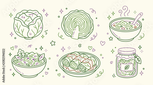 A collection of line art illustrations depicting various forms of cabbage, including whole, cut, soup, salad, rolls, and fermented in a jar, with decorative elements.