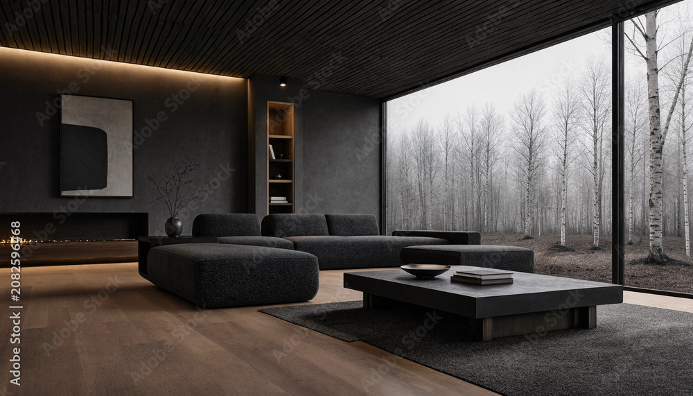 Fototapeta premium Ultra Minimalist Living Room With Warm Timber Flooring, Neutral Palette, Sleek Furniture And Floor-To-Ceiling Natural Light Creating Serene Contemporary Residential Interior Space (AI-Generated)