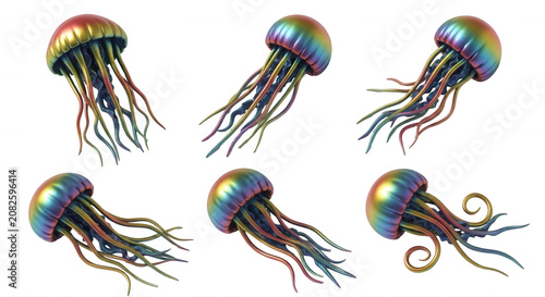 colorful jellyfish models floating on a white background underwater fantasy and design for illustration decor and animation