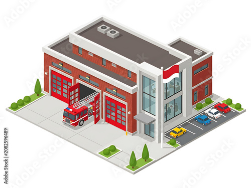 Isometric Fire Station Exterior – Modern Emergency Services Building Vector Illustration
